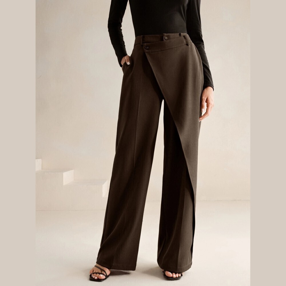 Espresso Brown Asymmetric Wrap Front Wide Leg Trousers